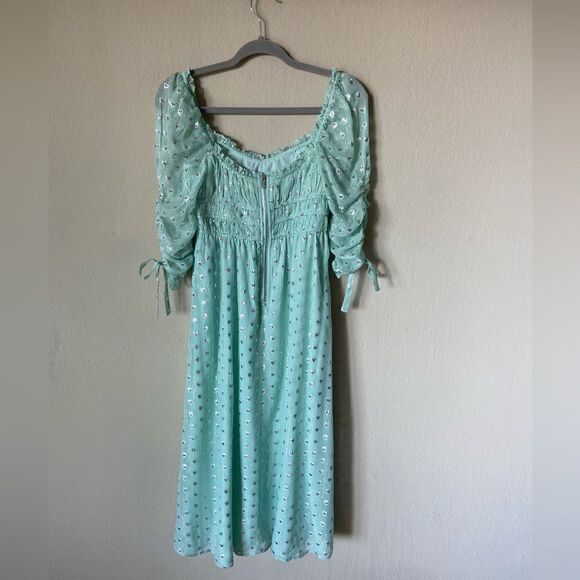 For Love & Lemons Eden Silk Midi Mint Green Dress Blend Metallic Hearts Size S - Picture 6 of 9